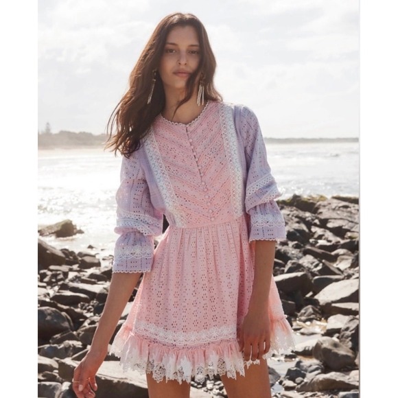 HEMANT & NANDITA Dresses & Skirts - Hemant and Nandita Eyelet Lace Mini Dress Pink Lilac Lavender Boho Small